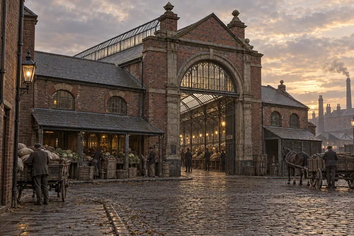 Markets, c. 1889; AI-generated historical interpretation set in Britain.