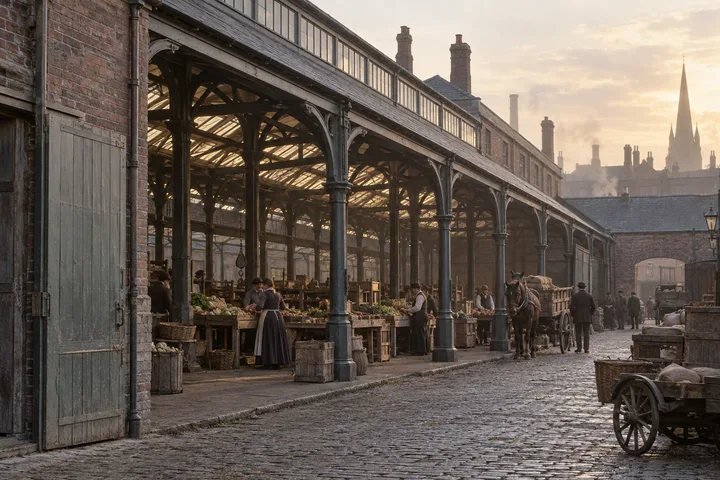 Markets, c. 1884; AI-generated historical interpretation set in Britain.