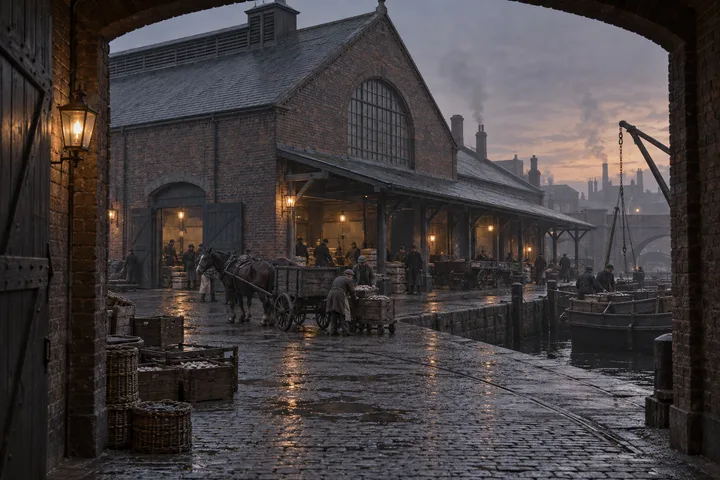 Markets, c. 1898; AI-generated historical interpretation set in Britain.