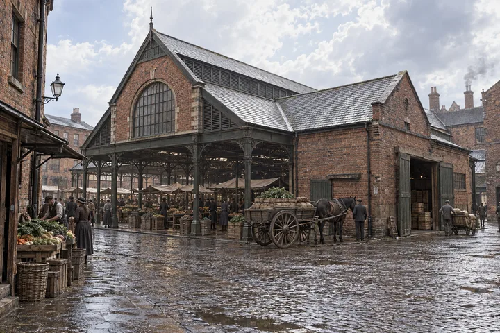 Markets, c. 1899; AI-generated historical interpretation set in Britain.