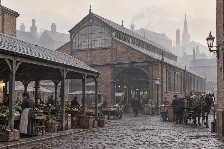 Markets, c. 1889; AI-generated historical interpretation set in Britain.