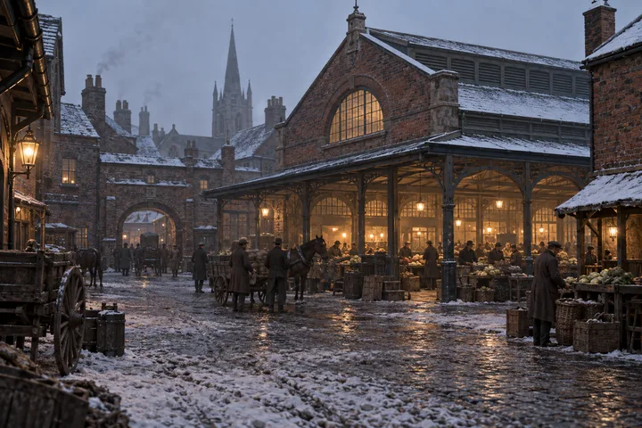 Markets, c. 1897; AI-generated historical interpretation set in Britain.