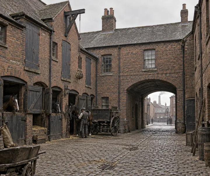 Mews & Service Yards, c. 1883; AI-generated historical interpretation set in Britain.