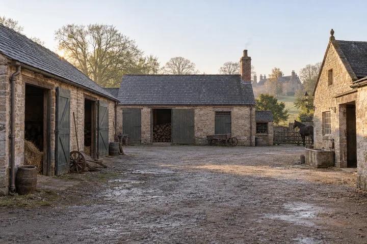 Outbuildings, c. 1885; AI-generated historical interpretation set in Britain.