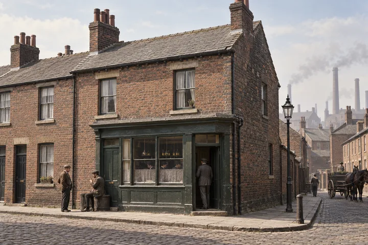 Public Houses and Inns, c. 1908; AI-generated historical interpretation set in Britain.