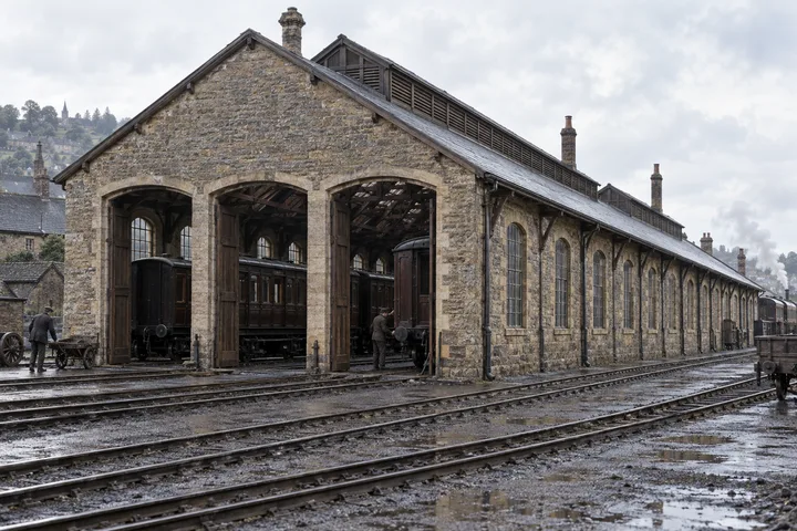 Railway Buildings, c. 1886; AI-generated historical interpretation set in Britain.