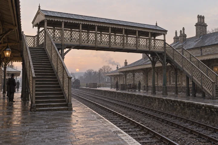 Railway Buildings, c. 1889; AI-generated historical interpretation set in Britain.
