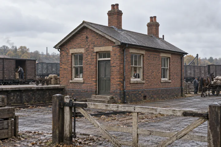 Railway Buildings, c. 1909; AI-generated historical interpretation set in Britain.