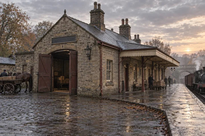 Railway Buildings, c. 1899; AI-generated historical interpretation set in Britain.