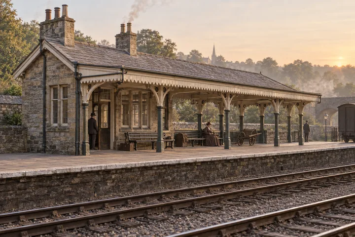 Railway Buildings, c. 1892; AI-generated historical interpretation set in Britain.