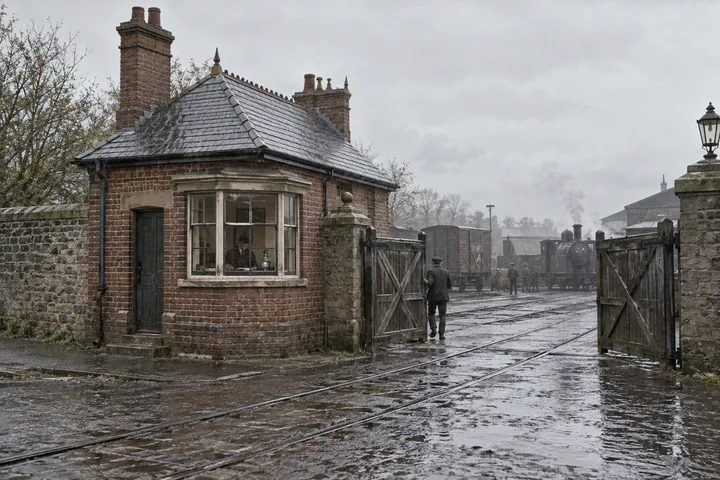 Railway Buildings, c. 1897; AI-generated historical interpretation set in Britain.