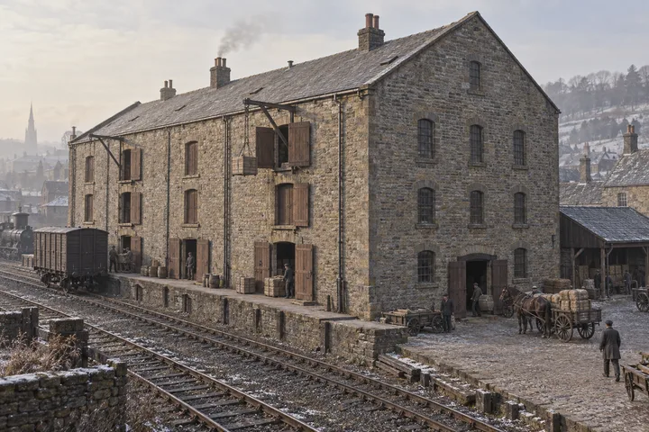 Railway Buildings, c. 1895; AI-generated historical interpretation set in Britain.
