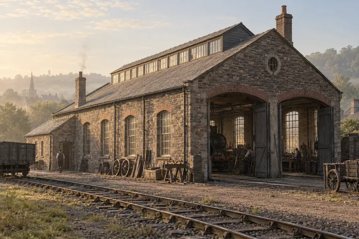Railway Buildings, c. 1880; AI-generated historical interpretation set in Britain.