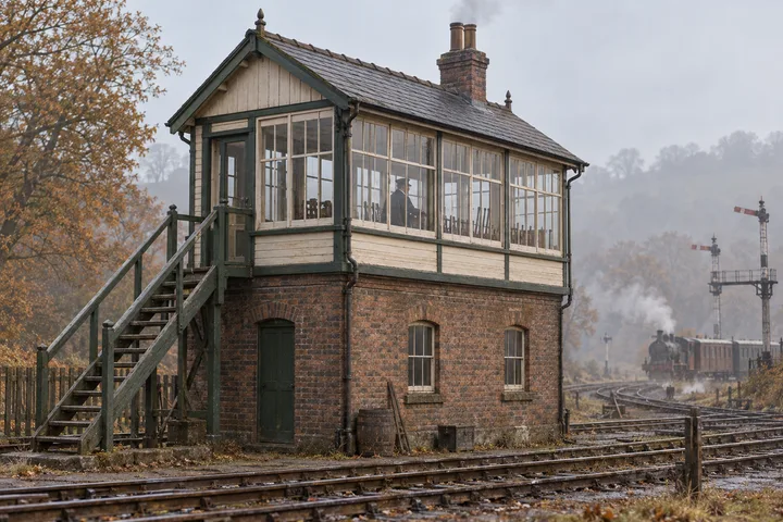 Railway Buildings, c. 1891; AI-generated historical interpretation set in Britain.