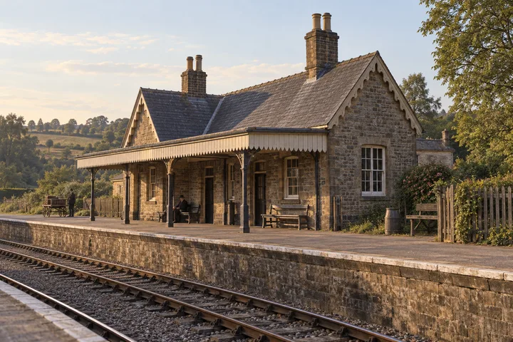 Railway Buildings, c. 1882; AI-generated historical interpretation set in Britain.