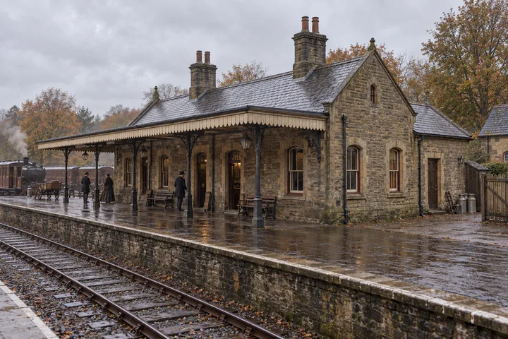 Railway Buildings, c. 1884; AI-generated historical interpretation set in Britain.