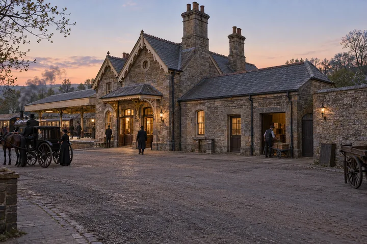 Railway Buildings, c. 1893; AI-generated historical interpretation set in Britain.