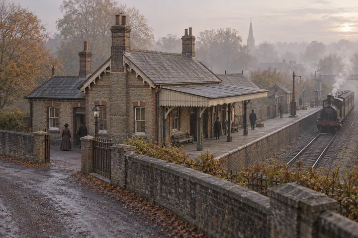 Railway Buildings, c. 1881; AI-generated historical interpretation set in Britain.
