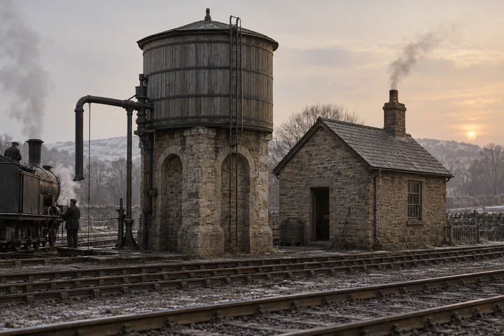 Railway Buildings, c. 1890; AI-generated historical interpretation set in Britain.