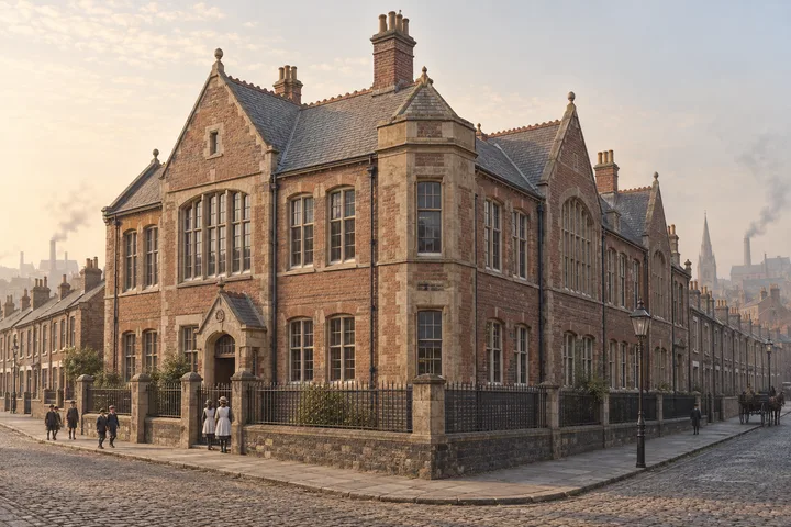 Schools, c. 1909; AI-generated historical interpretation set in Britain.