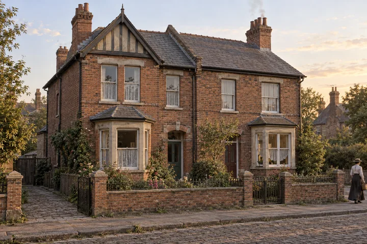 Semi-Detached Houses, c. 1907; AI-generated historical interpretation set in Britain.