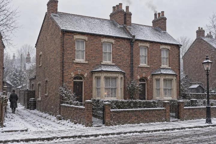 Semi-Detached Houses, c. 1885; AI-generated historical interpretation set in Britain.