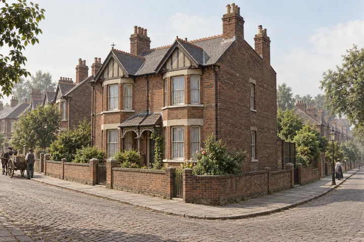 Semi-Detached Houses, c. 1906; AI-generated historical interpretation set in Britain.