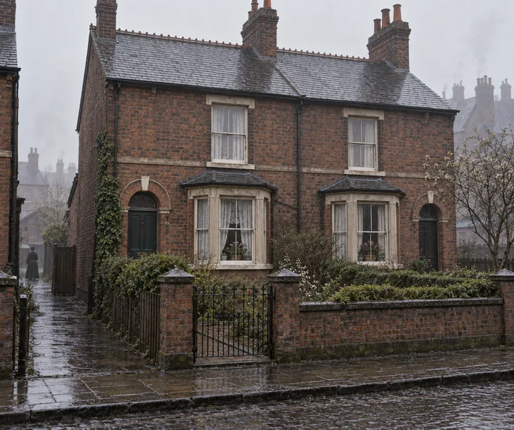 Semi-Detached Houses, c. 1892; AI-generated historical interpretation set in Britain.