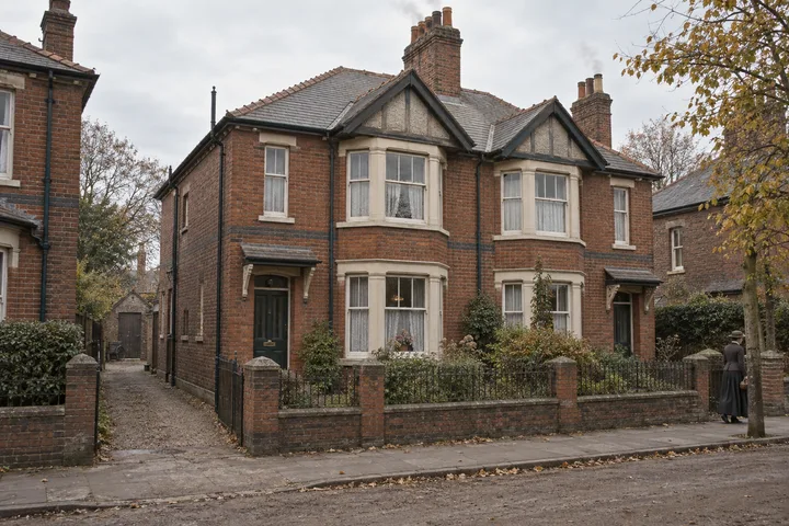 Semi-Detached Houses, c. 1908; AI-generated historical interpretation set in Britain.