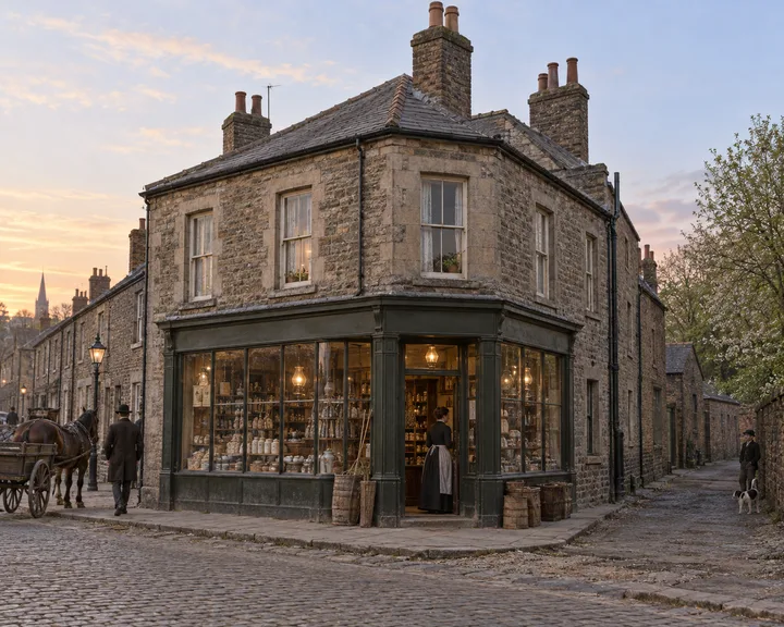 Shop Houses, c. 1894; AI-generated historical interpretation set in Britain.