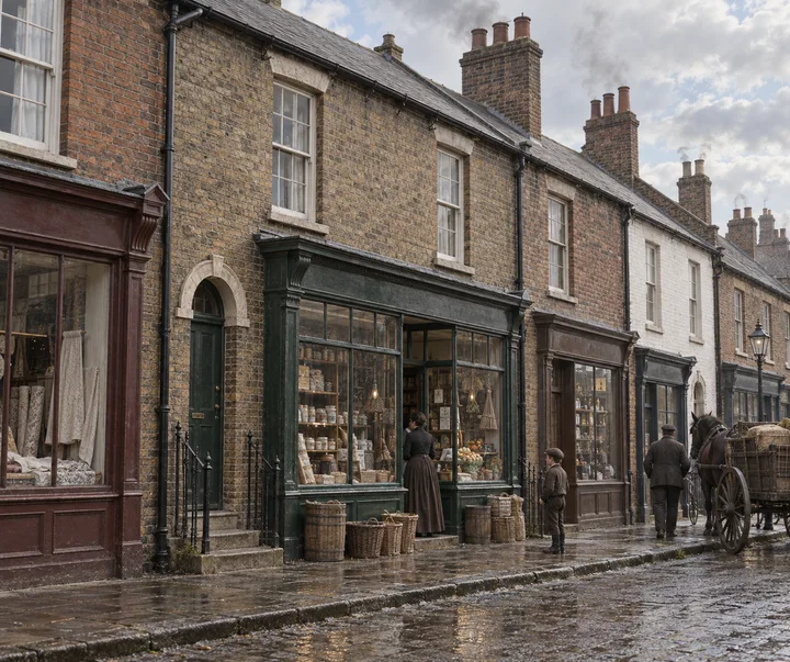 Shop Houses, c. 1887; AI-generated historical interpretation set in Britain.