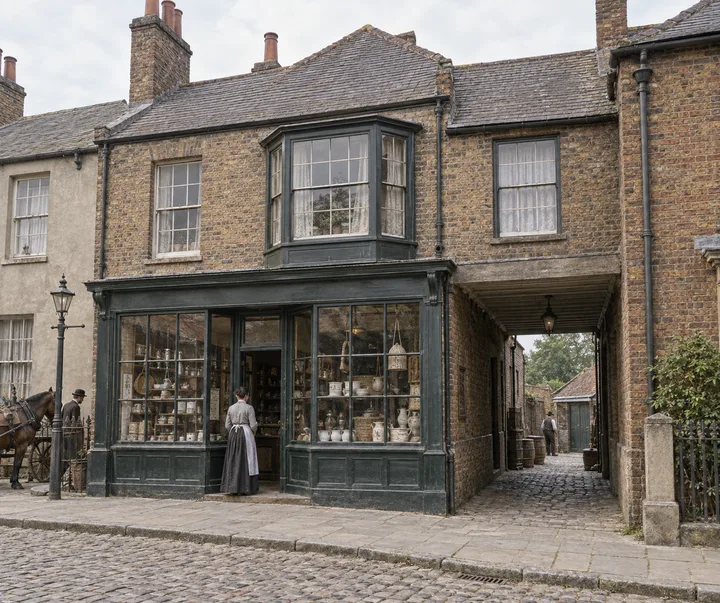 Shop Houses, c. 1885; AI-generated historical interpretation set in Britain.