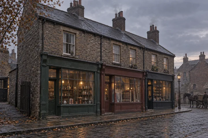 Shop Houses, c. 1895; AI-generated historical interpretation set in Britain.