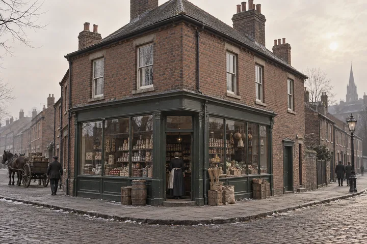 Shops, c. 1904; AI-generated historical interpretation set in Britain.