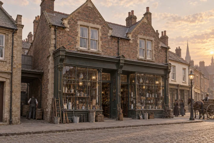 Shops, c. 1891; AI-generated historical interpretation set in Britain.