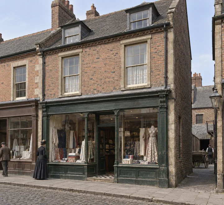 Shops, c. 1890; AI-generated historical interpretation set in Britain.