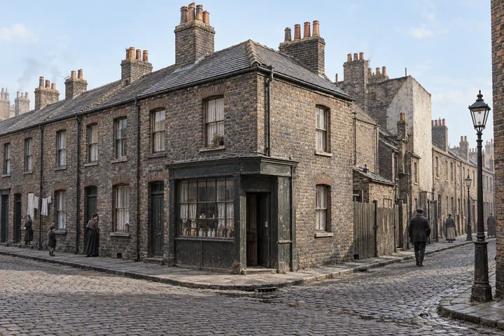 Slums, c. 1900; AI-generated historical interpretation set in Britain.