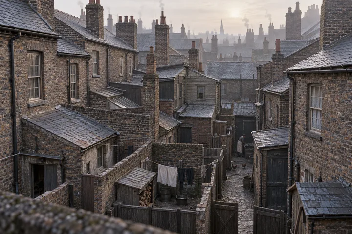 Slums, c. 1893; AI-generated historical interpretation set in Britain.