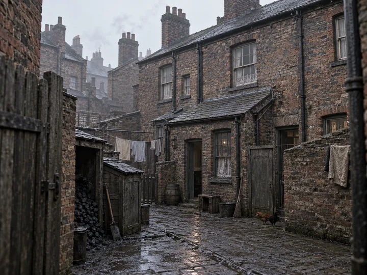 Slums, c. 1888; AI-generated historical interpretation set in Britain.