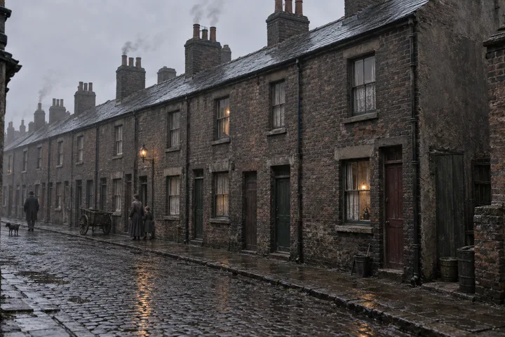 Slums, c. 1887; AI-generated historical interpretation set in Britain.