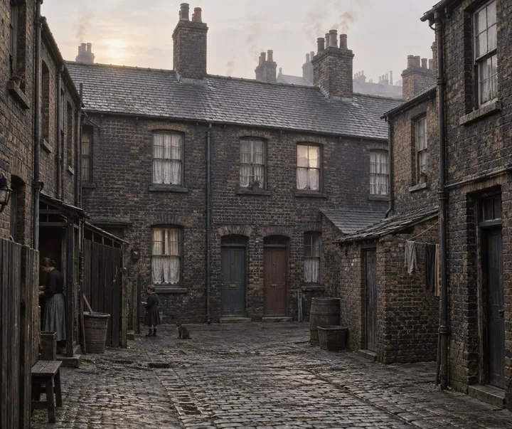 Slums, c. 1908; AI-generated historical interpretation set in Britain.