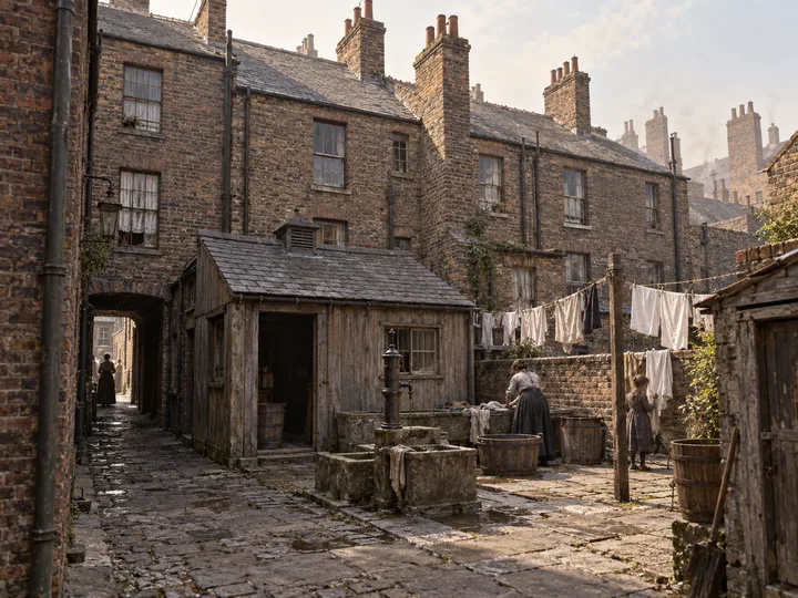 Slums, c. 1883; AI-generated historical interpretation set in Britain.