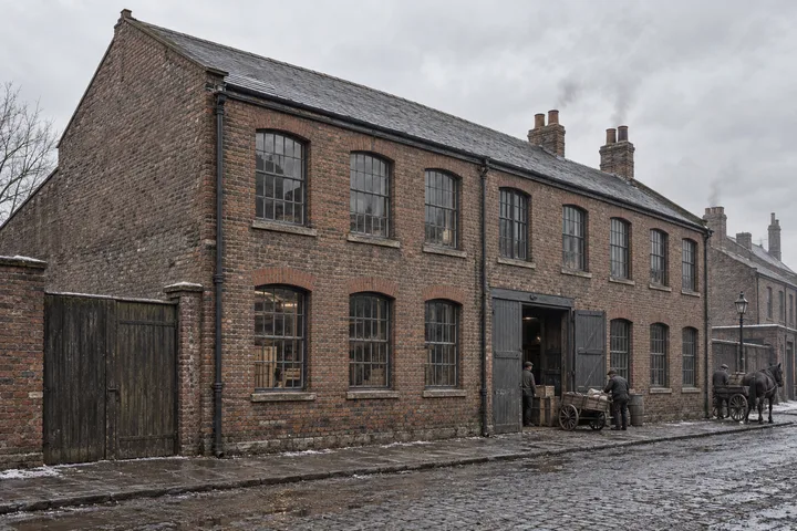 Small Factories, c. 1908; AI-generated historical interpretation set in Britain.