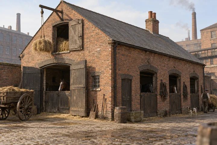 Stables, c. 1909; AI-generated historical interpretation set in Britain.