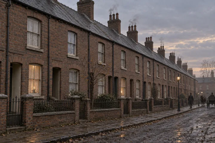 Terraced Houses, c. 1897; AI-generated historical interpretation set in Britain.