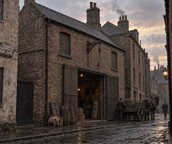 Warehouses, c. 1894; AI-generated historical interpretation set in Britain.