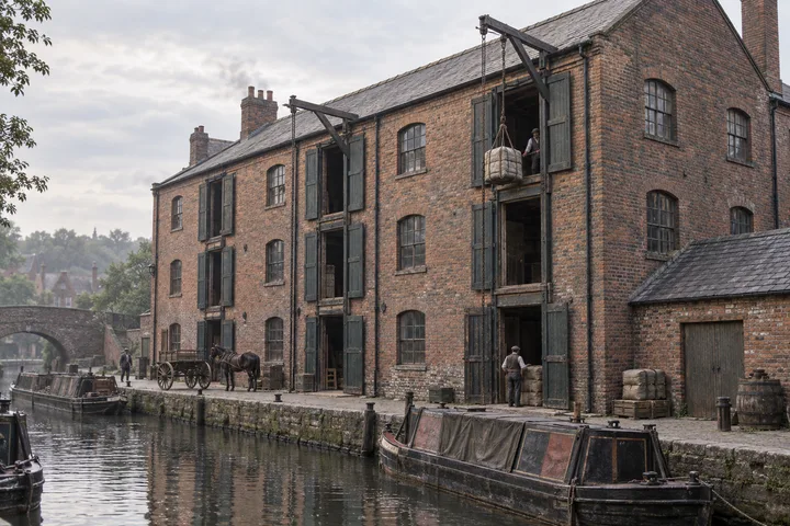 Warehouses, c. 1906; AI-generated historical interpretation set in Britain.