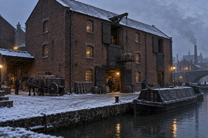 Warehouses & Depots, c. 1896; AI-generated historical interpretation set in Britain.