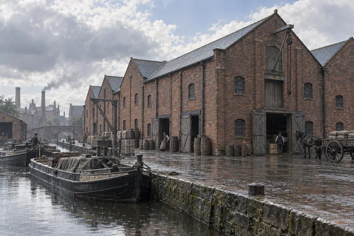 Warehouses & Depots, c. 1906; AI-generated historical interpretation set in Britain.