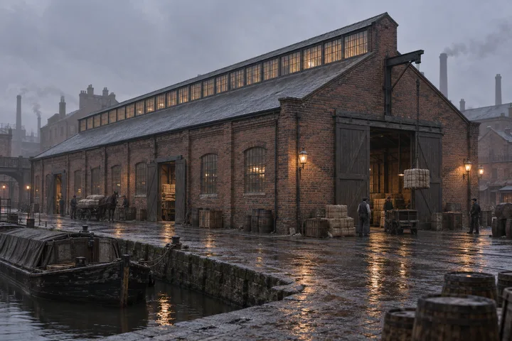 Warehouses & Depots, c. 1904; AI-generated historical interpretation set in Britain.